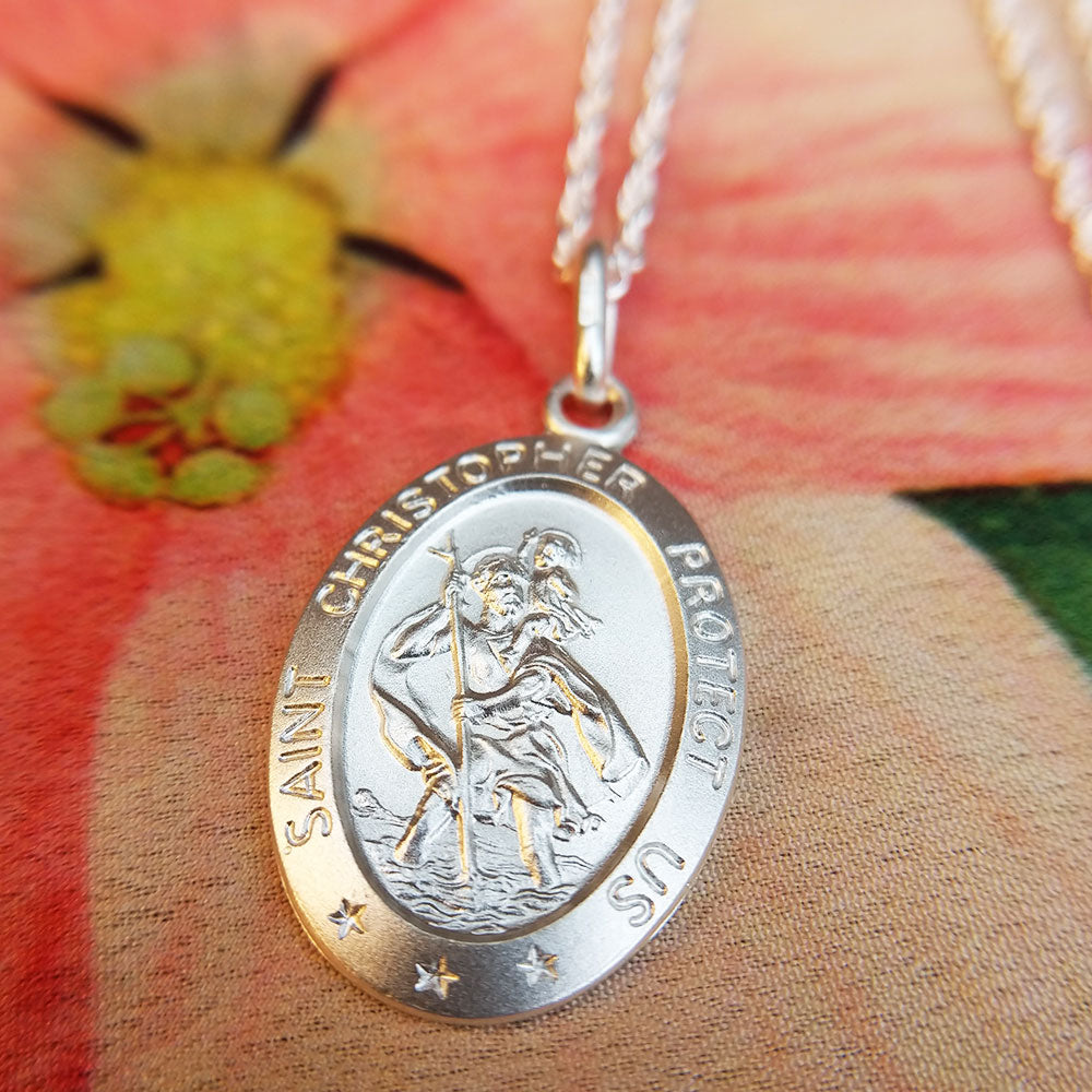 Silver Saint Christopher Pendant Necklace - 26mm Diameter